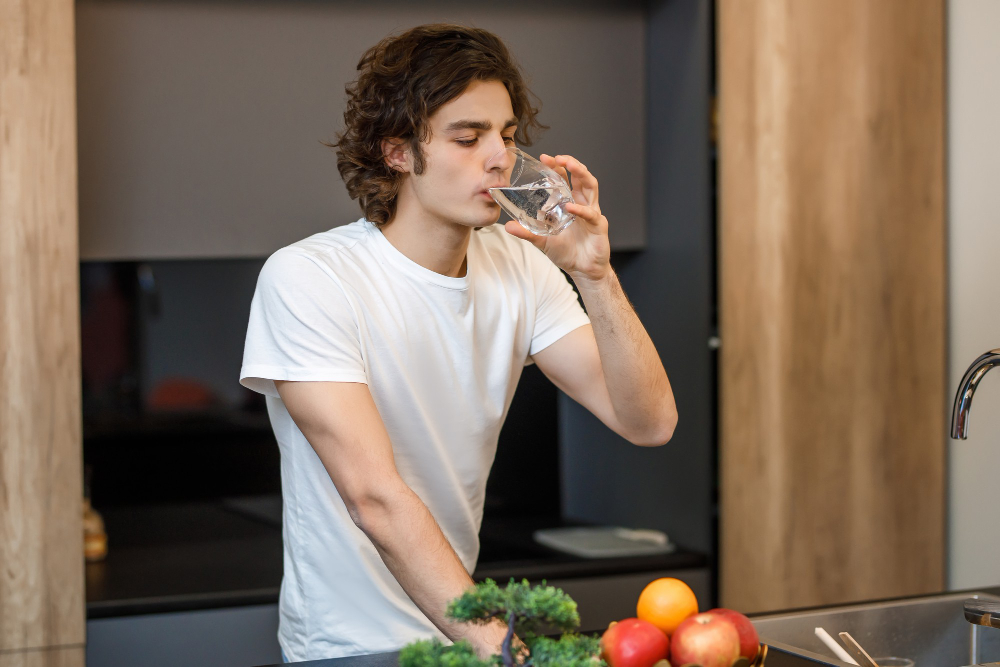 guy drinking glass of water in kitchen